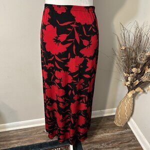 Susan Lawrence Floral Black & Red A-line Long Skirt Elastic Waist Jersey M USA
